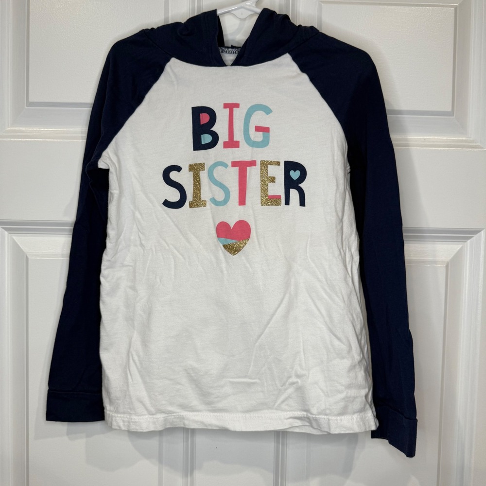Carters Kid Big Sister Hoodie‎ Top Girls Size 7 White Navy Raglan
